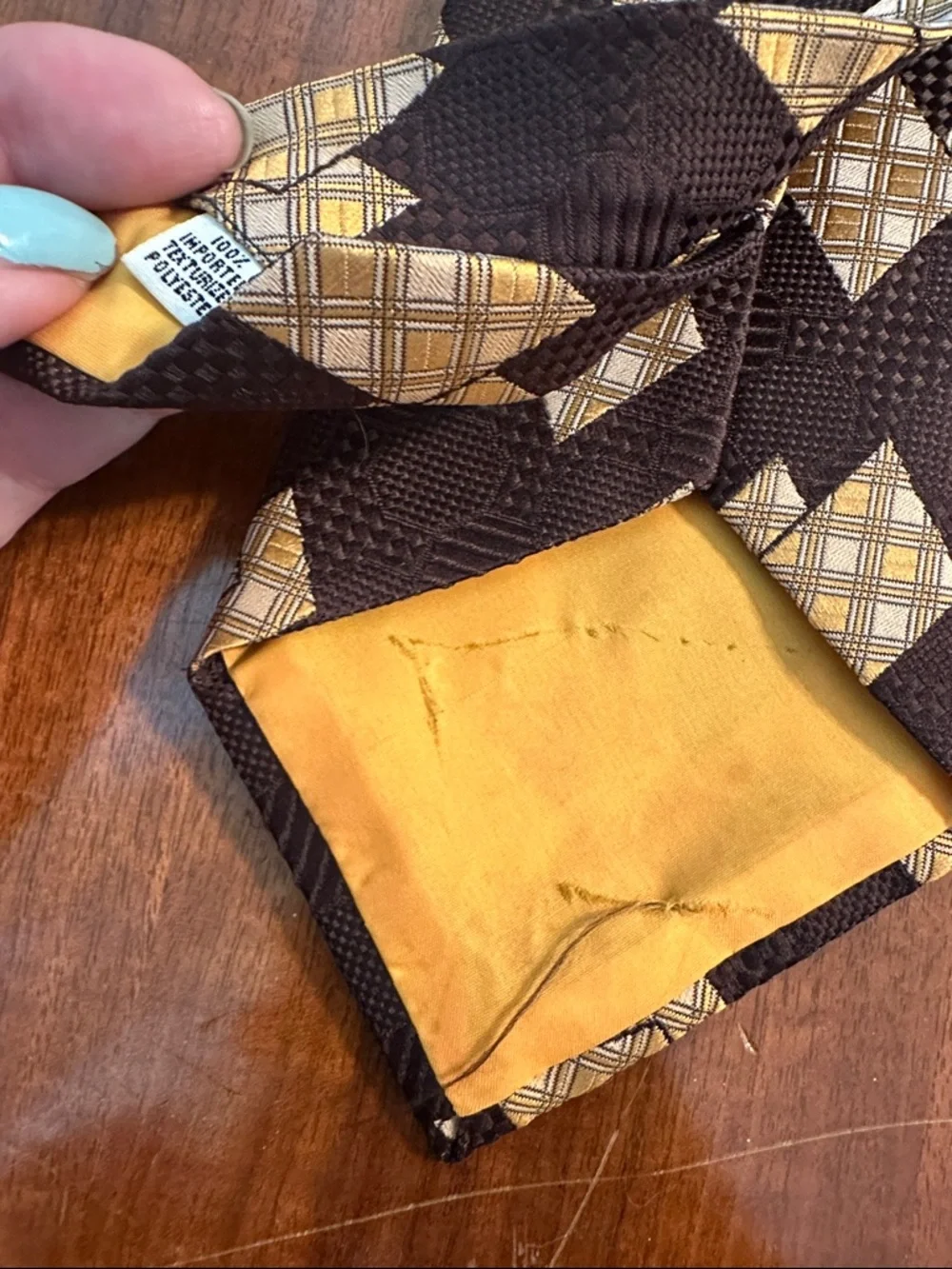Vintage 70s Damon Brown Textured Polyester Tie with Gold Diamond Plaid Motif‎